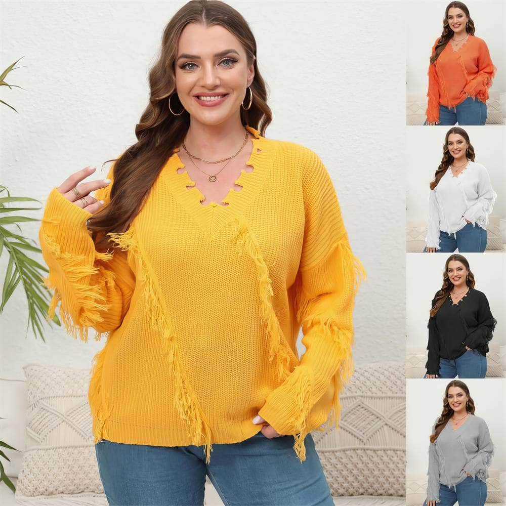 Plus Size V-neck Long Sleeves Tassel Detailed Sweater Top