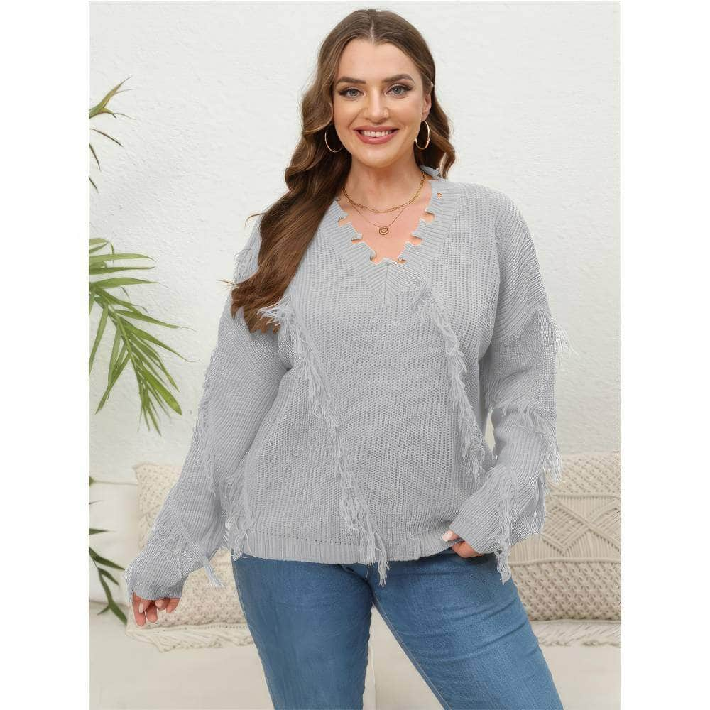 Plus Size V-neck Long Sleeves Tassel Detailed Sweater Top