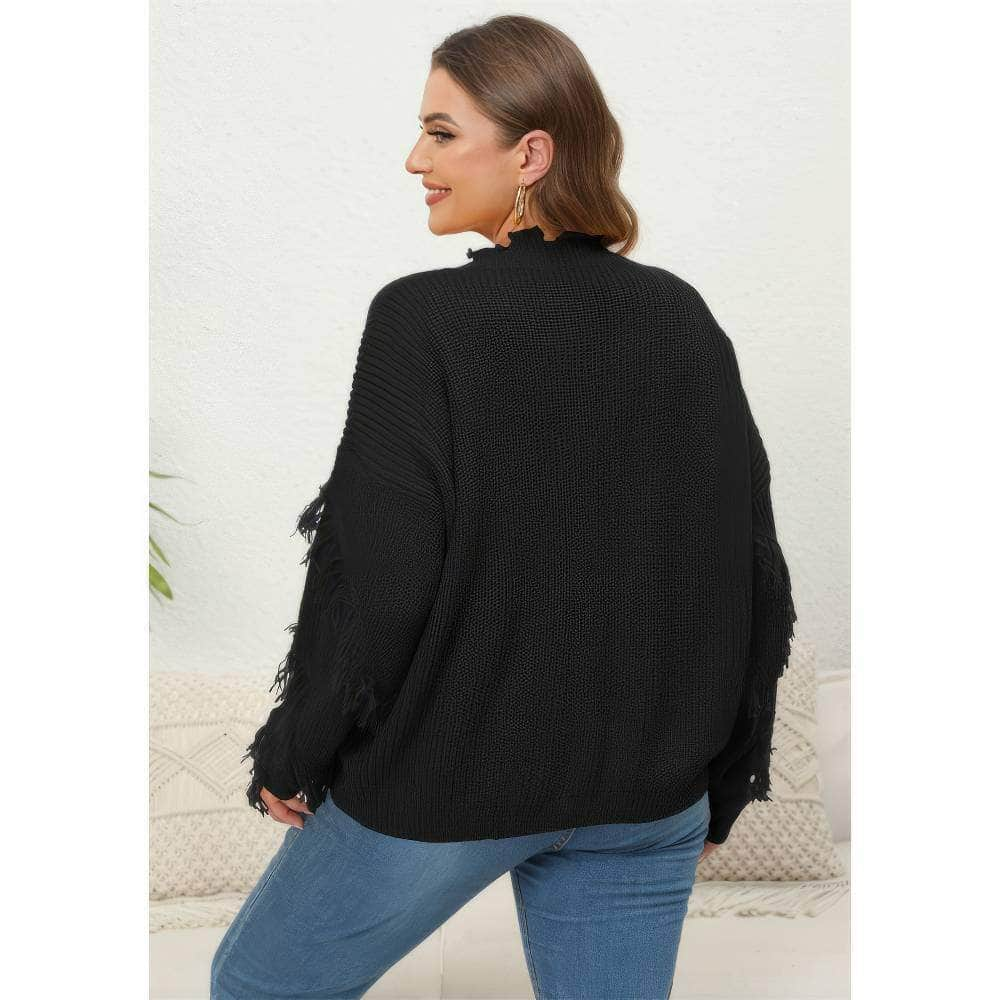 Plus Size V-neck Long Sleeves Tassel Detailed Sweater Top