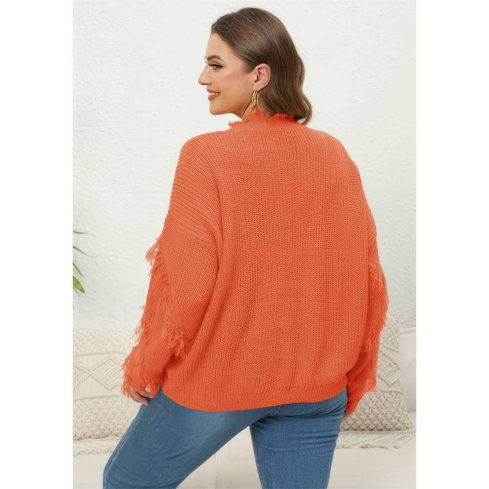 Plus Size V-neck Long Sleeves Tassel Detailed Sweater Top