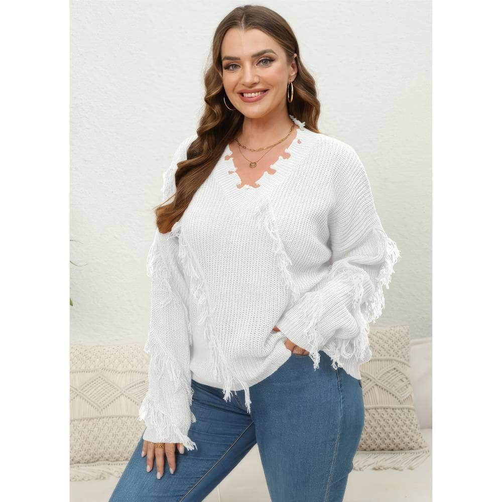 Plus Size V-neck Long Sleeves Tassel Detailed Sweater Top