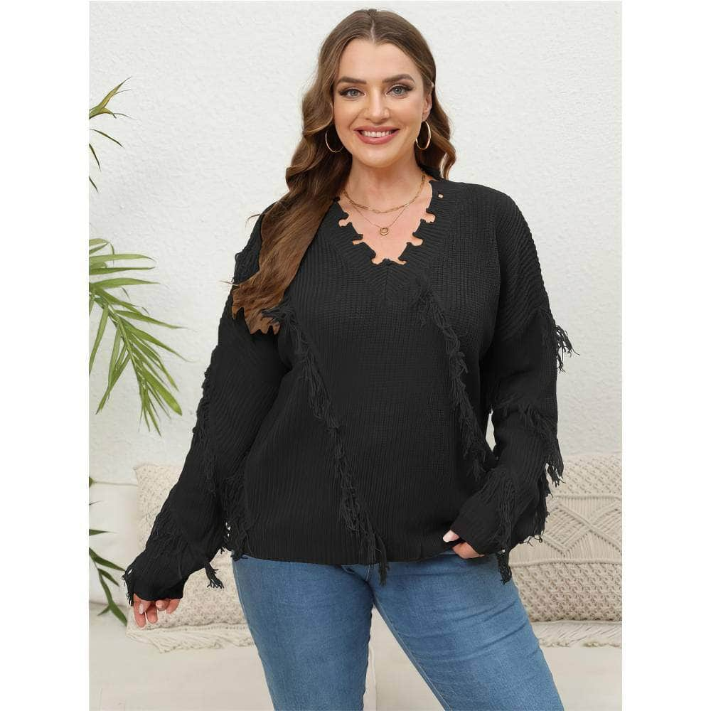 Plus Size V-neck Long Sleeves Tassel Detailed Sweater Top