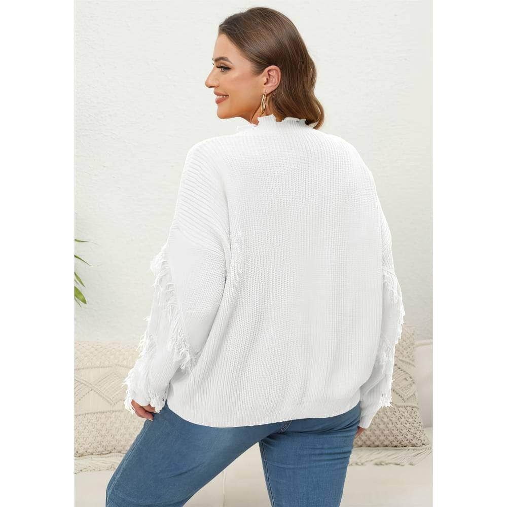 Plus Size V-neck Long Sleeves Tassel Detailed Sweater Top