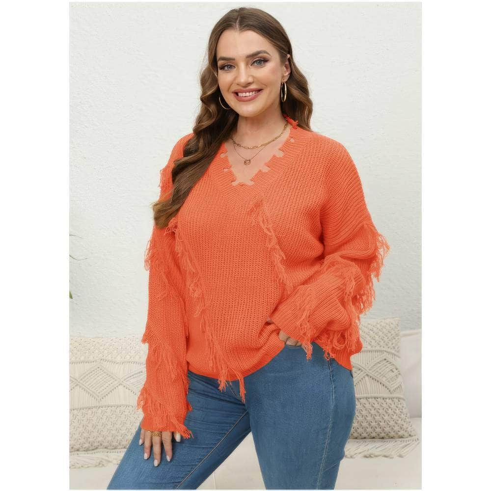 Plus Size V-neck Long Sleeves Tassel Detailed Sweater Top