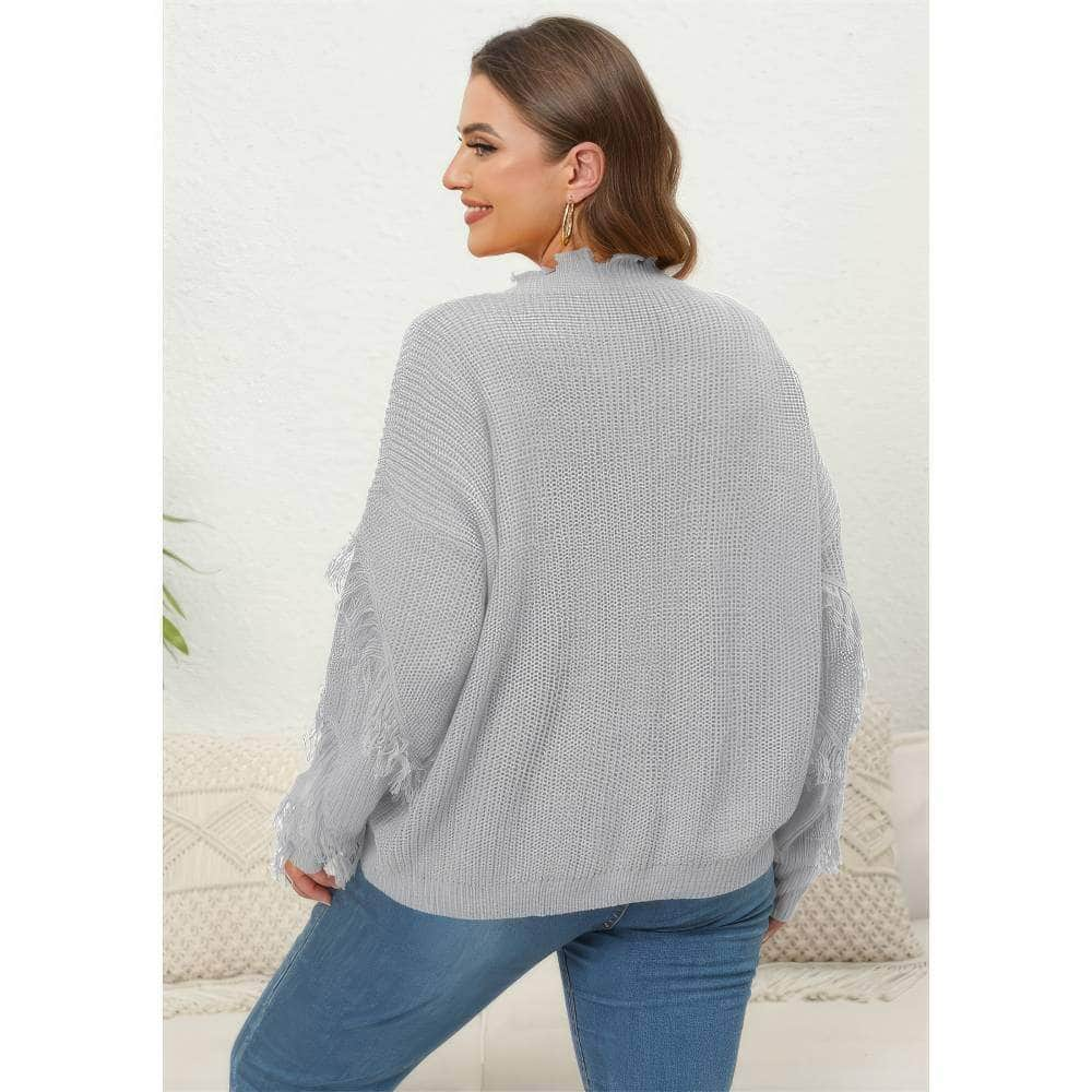 Plus Size V-neck Long Sleeves Tassel Detailed Sweater Top