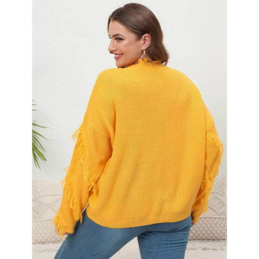 Plus Size V-neck Long Sleeves Tassel Detailed Sweater Top