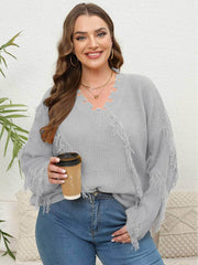 Plus Size V-neck Long Sleeves Tassel Detailed Sweater Top US 16-18 / Gray