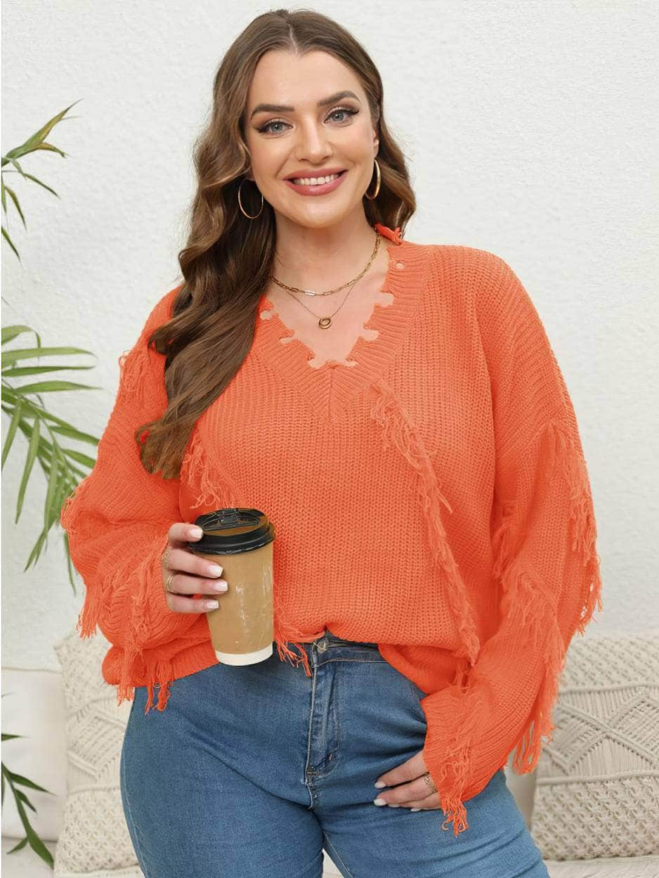 Plus Size V-neck Long Sleeves Tassel Detailed Sweater Top US 16-18 / Orange