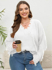 Plus Size V-neck Long Sleeves Tassel Detailed Sweater Top US 16-18 / White