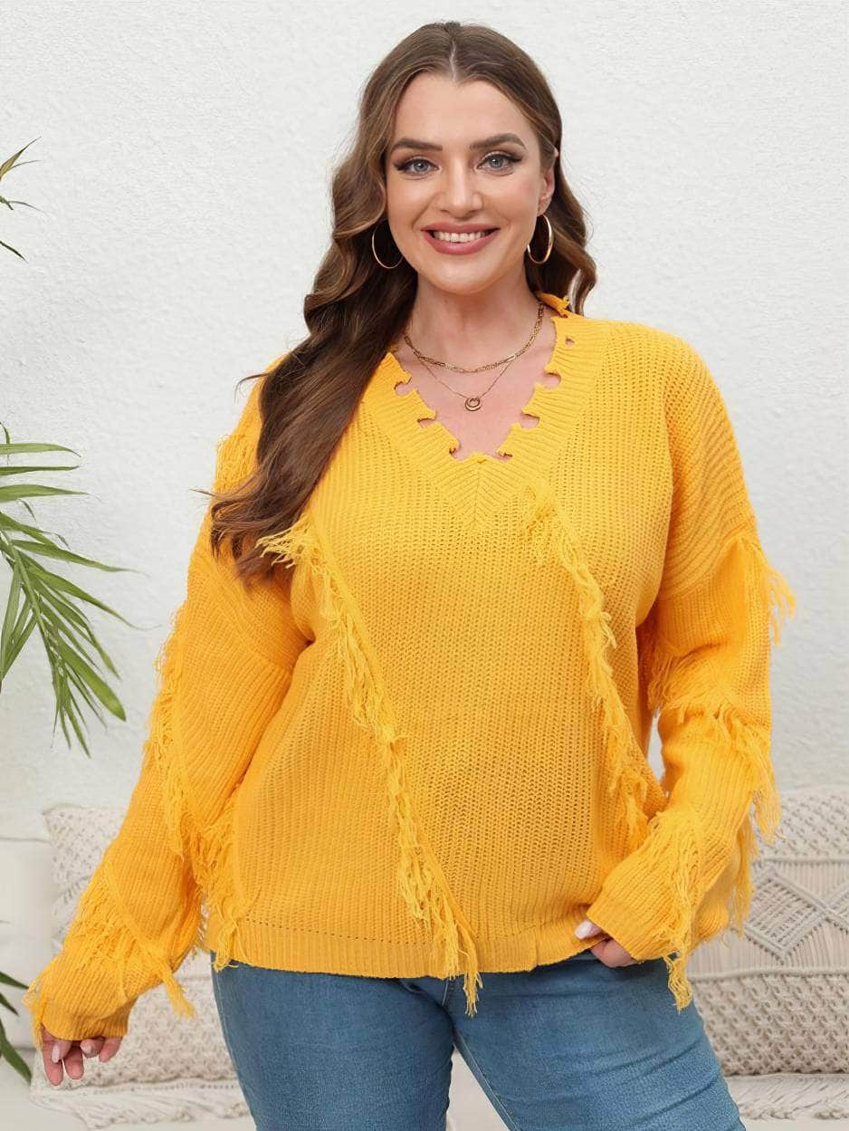 Plus Size V-neck Long Sleeves Tassel Detailed Sweater Top US 16-18 / Yellow