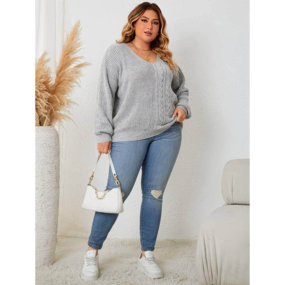 Plus Size V-neck Loose Sweater Rib Knit Top