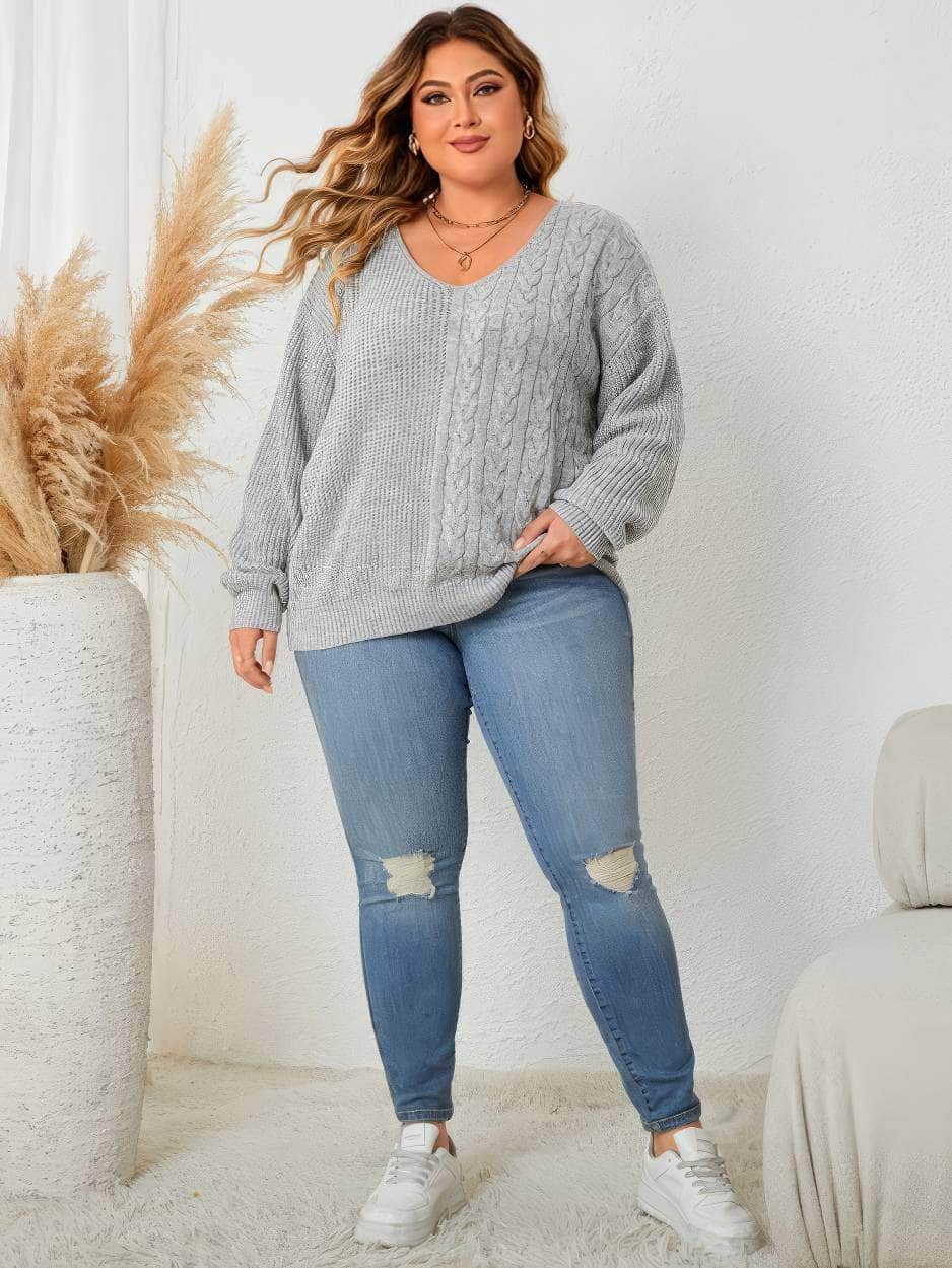 Plus Size V-neck Loose Sweater Rib Knit Top US 16-18 / Gray