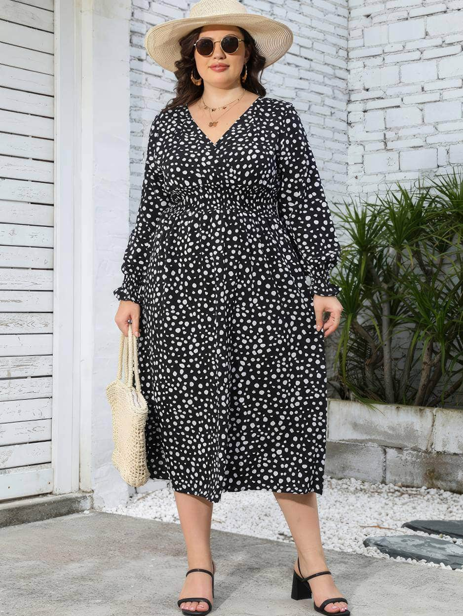 Plus Size V-Neck Ruched Dalmatian Print Dress