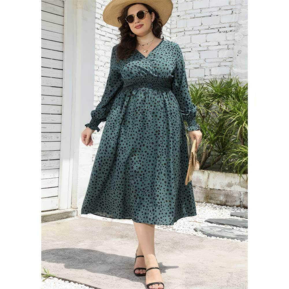 Plus Size V-Neck Ruched Dalmatian Print Dress