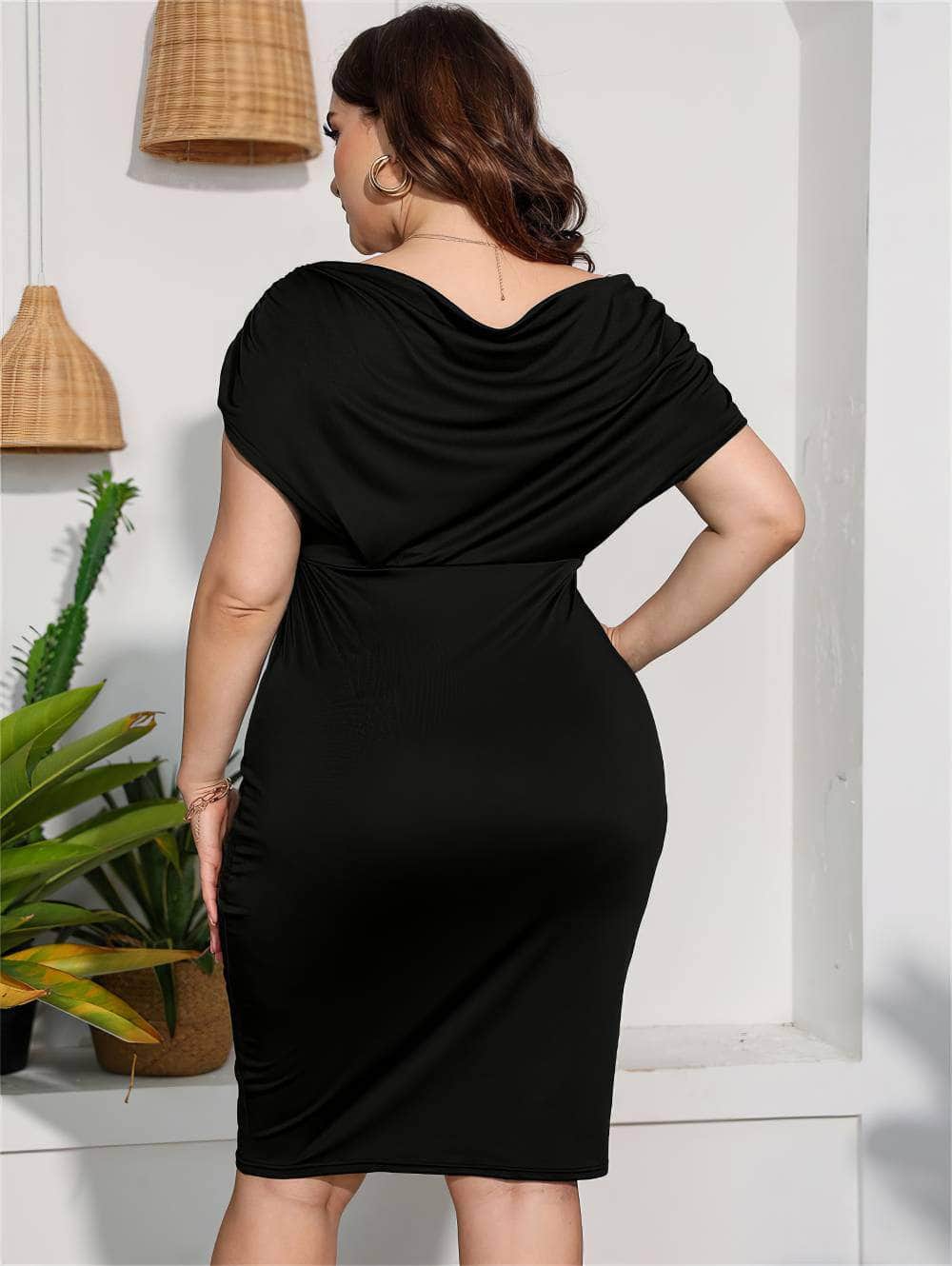 Plus Size V-Neck Ruched Sleeves Bodycon Dress