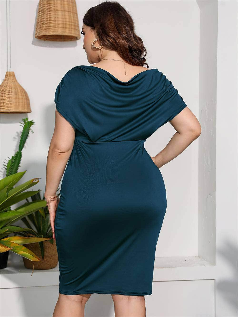 Plus Size V-Neck Ruched Sleeves Bodycon Dress