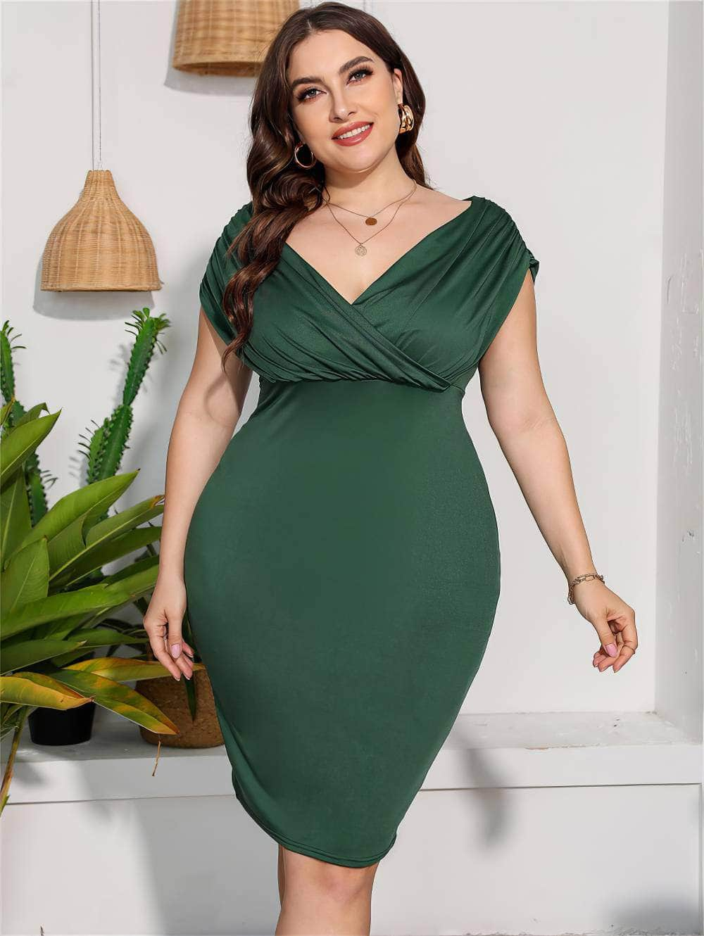 Plus Size V-Neck Ruched Sleeves Bodycon Dress