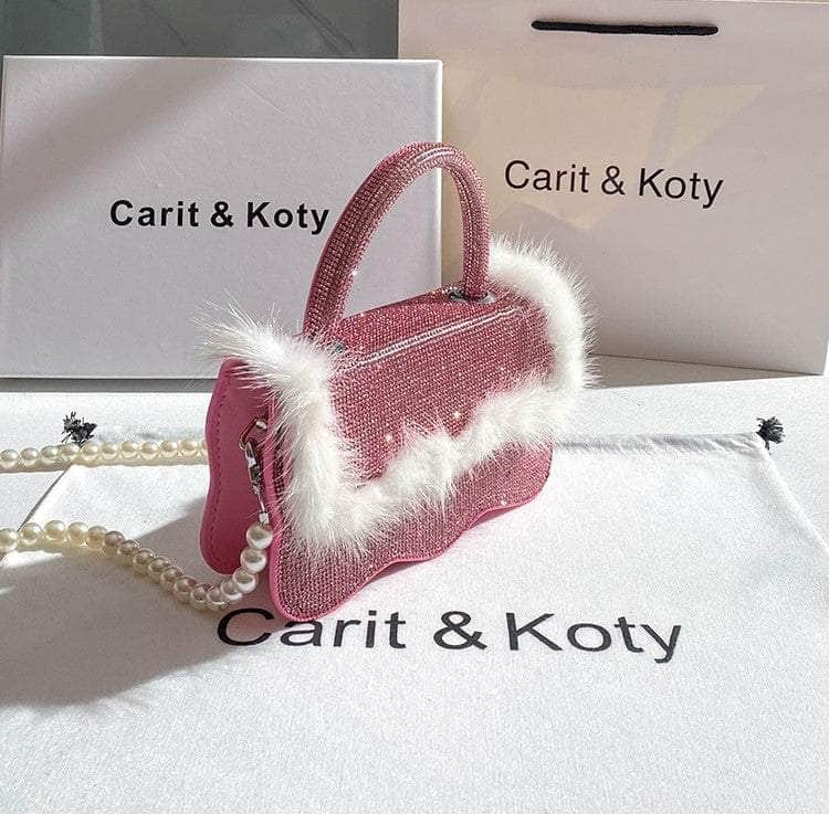 Plush Fur Accented Rhinestone Bag