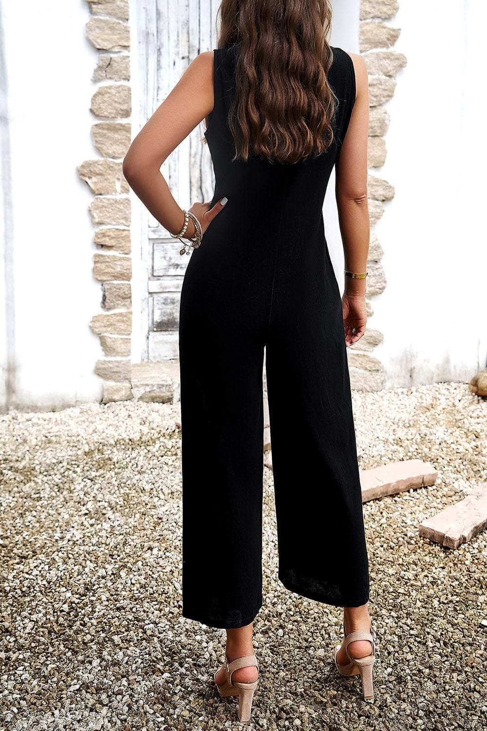 Pocketed Half Button Sleeveless Jumpsuit