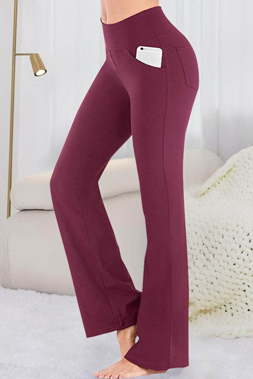 Pocketed High Waist Active Pants Wine / S
