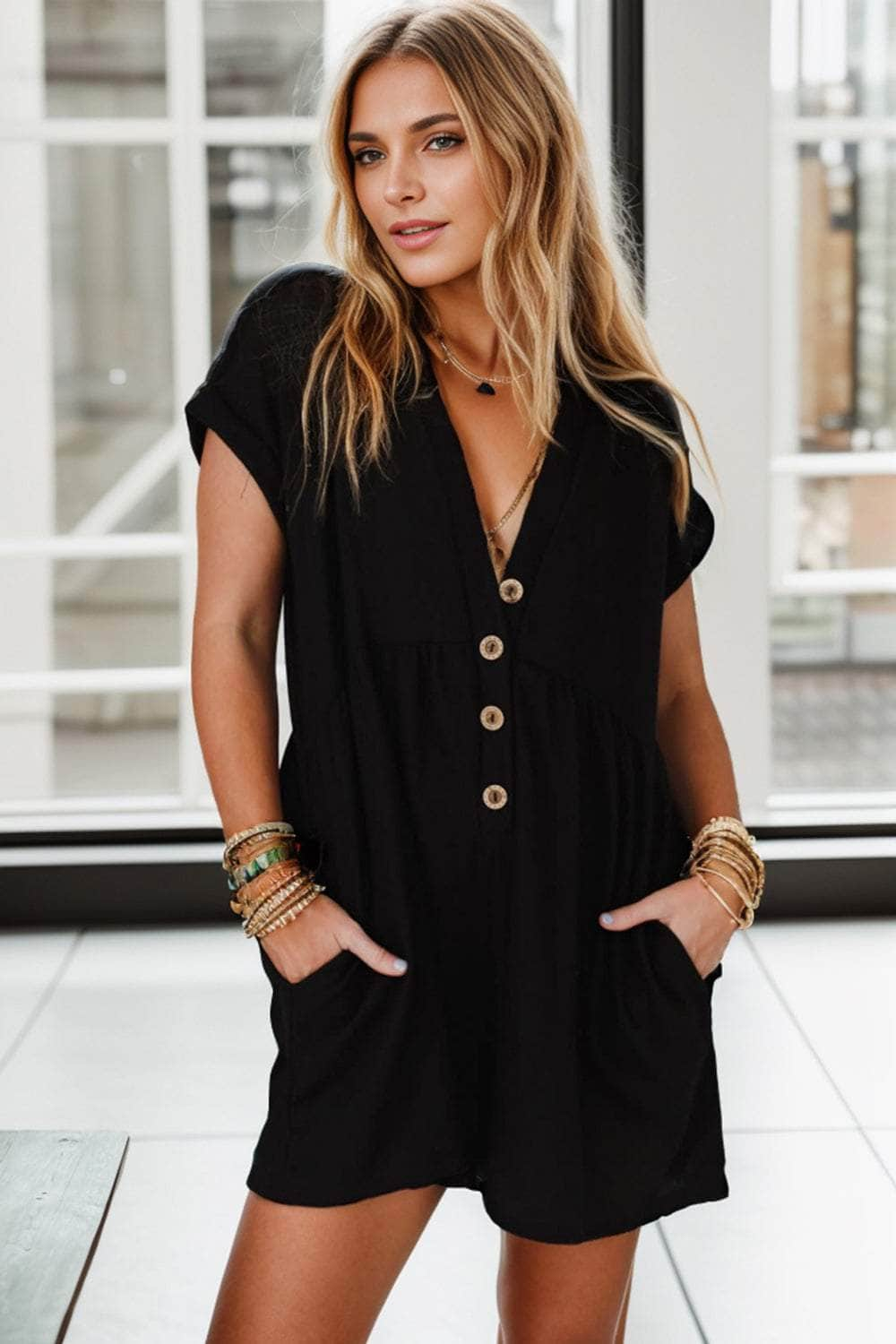 Pocketed V-Neck Short Sleeve Romper Black / S