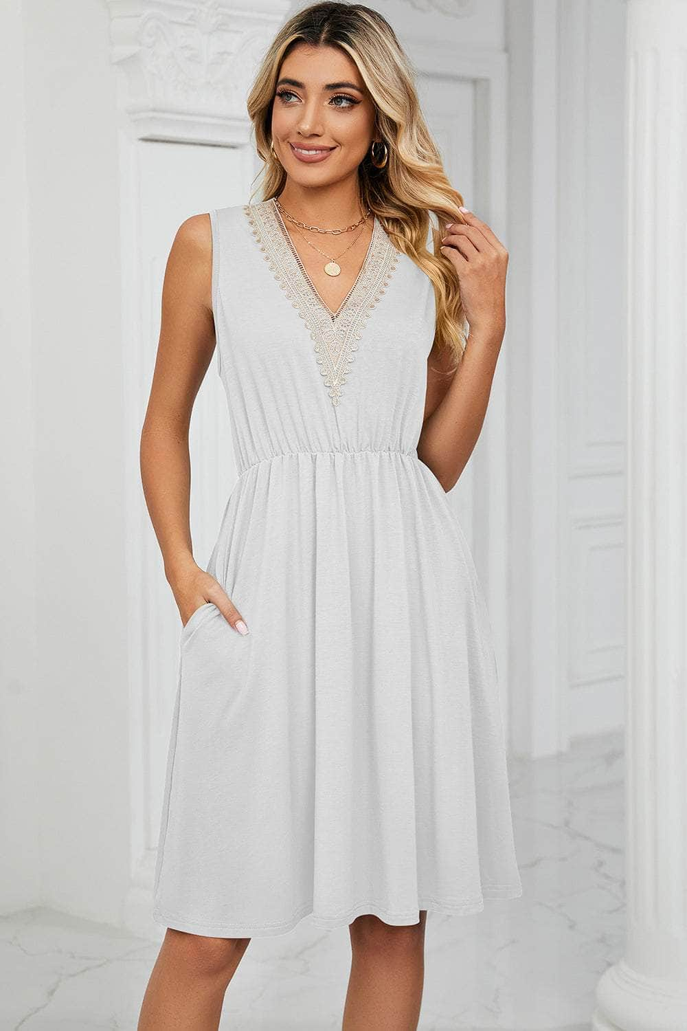 Pocketed V-Neck Wide Strap Dress