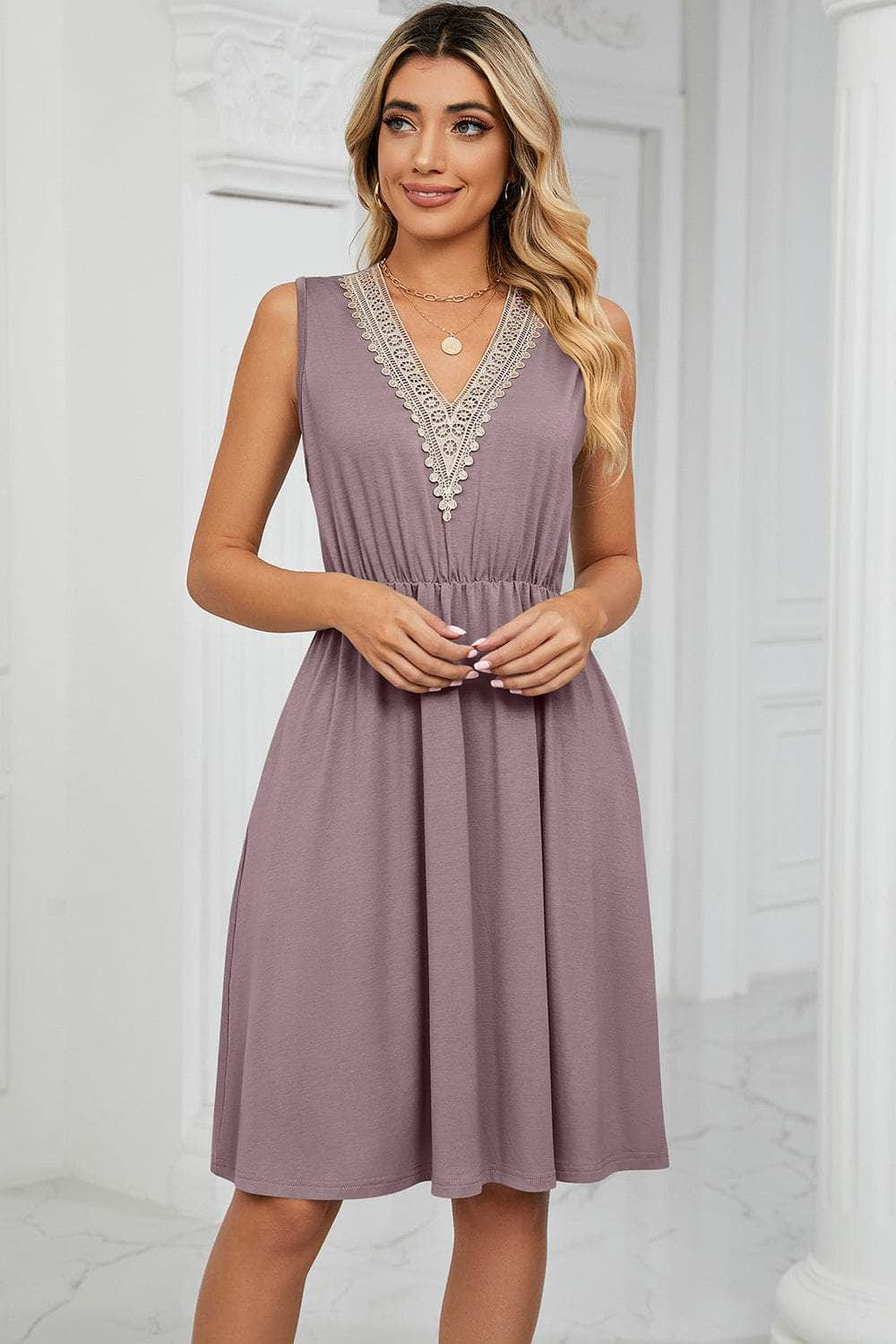 Pocketed V-Neck Wide Strap Dress Lavender / S