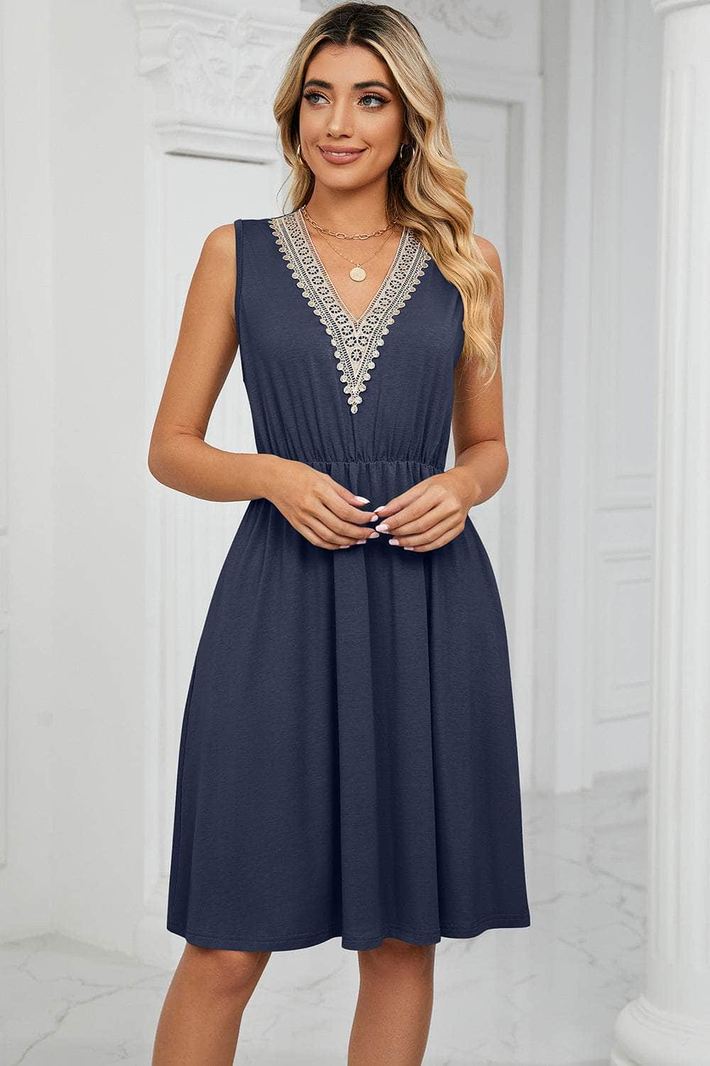 Pocketed V-Neck Wide Strap Dress Navy / S