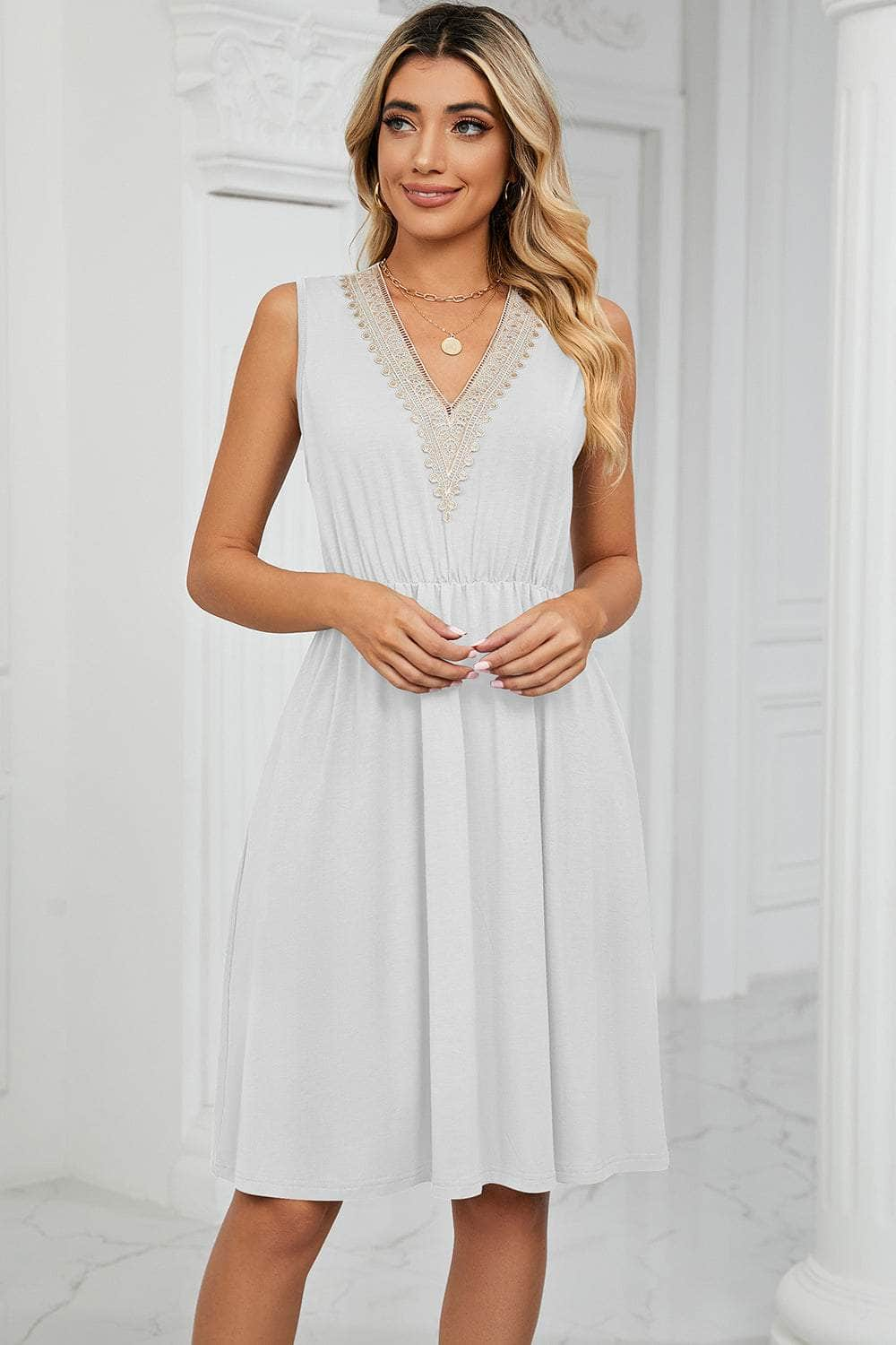 Pocketed V-Neck Wide Strap Dress White / S