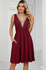 Pocketed V-Neck Wide Strap Dress Wine / S