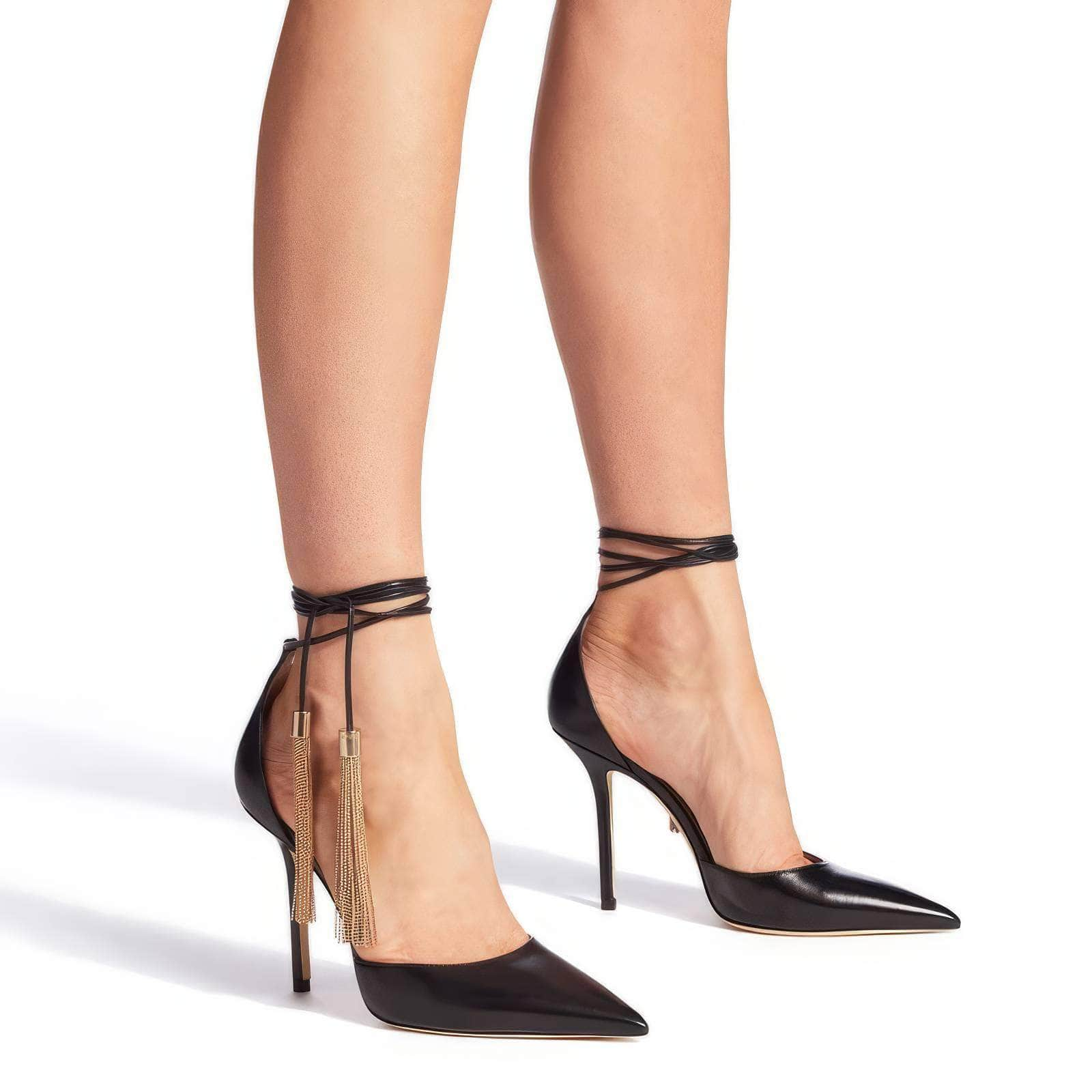 Pointed Toe Ankle Strap Fringe Heels