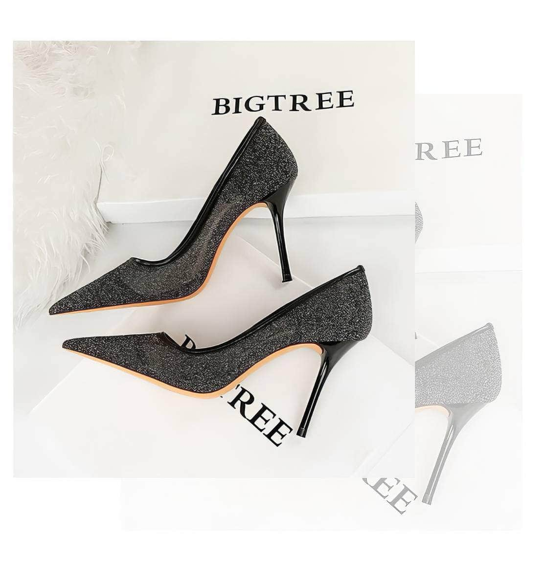 Pointed Toe Lace Mesh Glitter Stiletto Pumps