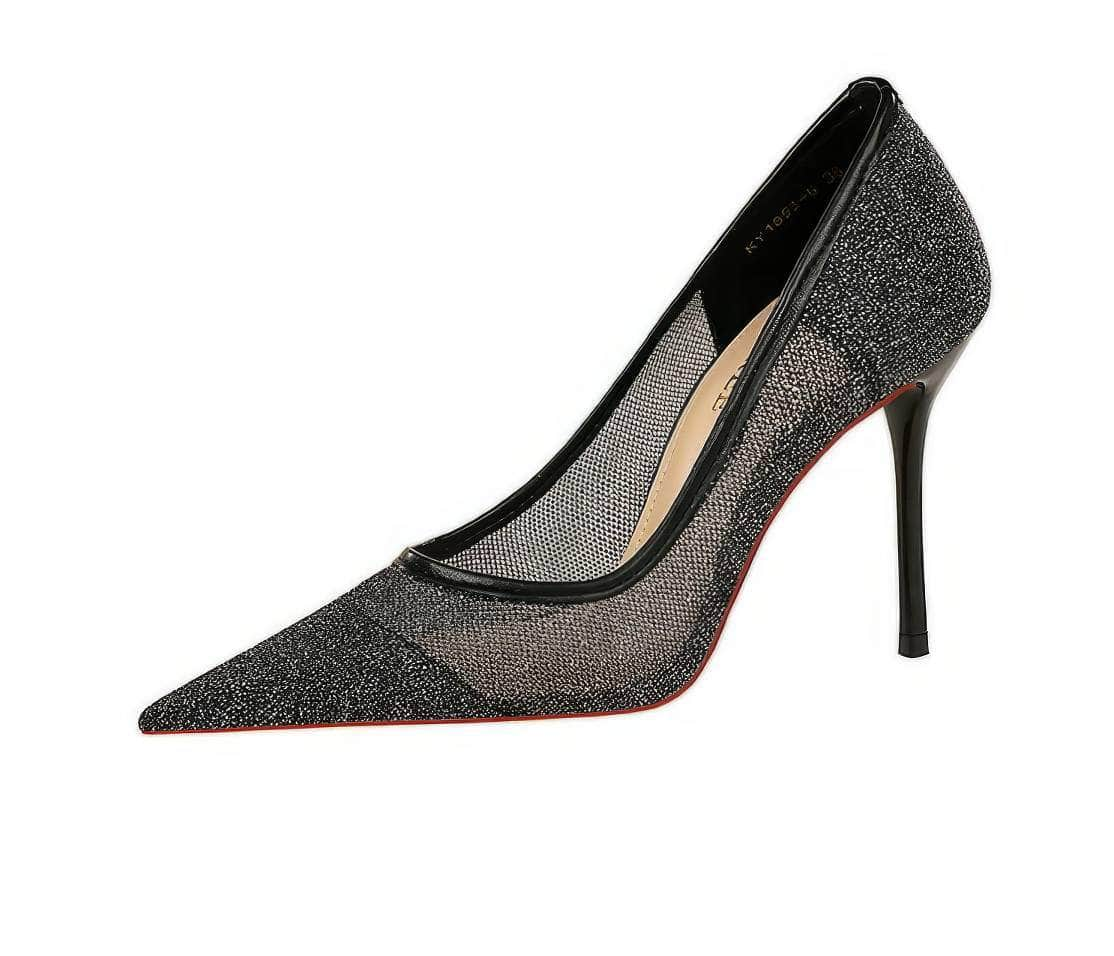 Pointed Toe Lace Mesh Glitter Stiletto Pumps