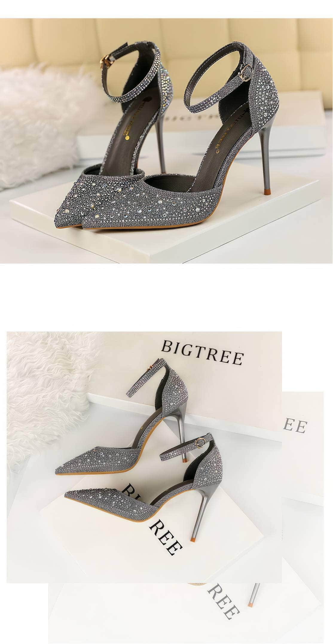 Pointed Toes Crystal Embellished Ankle Strap Stilettos