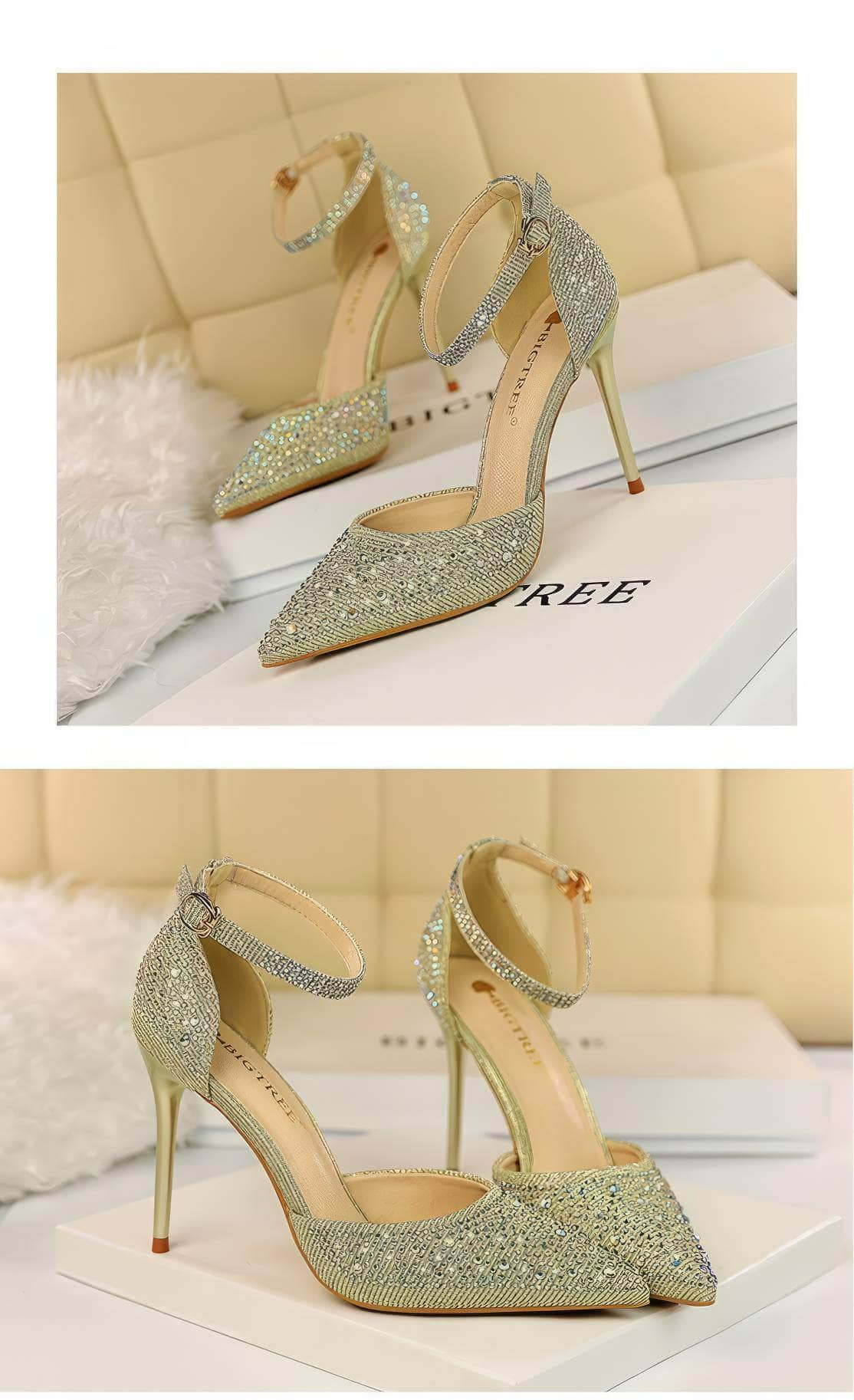 Pointed Toes Crystal Embellished Ankle Strap Stilettos