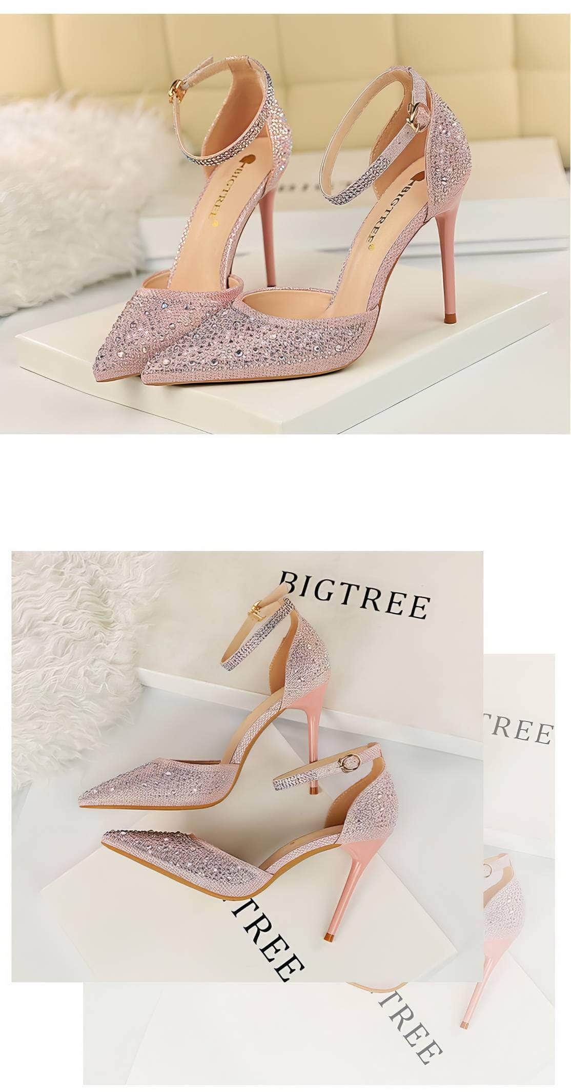 Pointed Toes Crystal Embellished Ankle Strap Stilettos