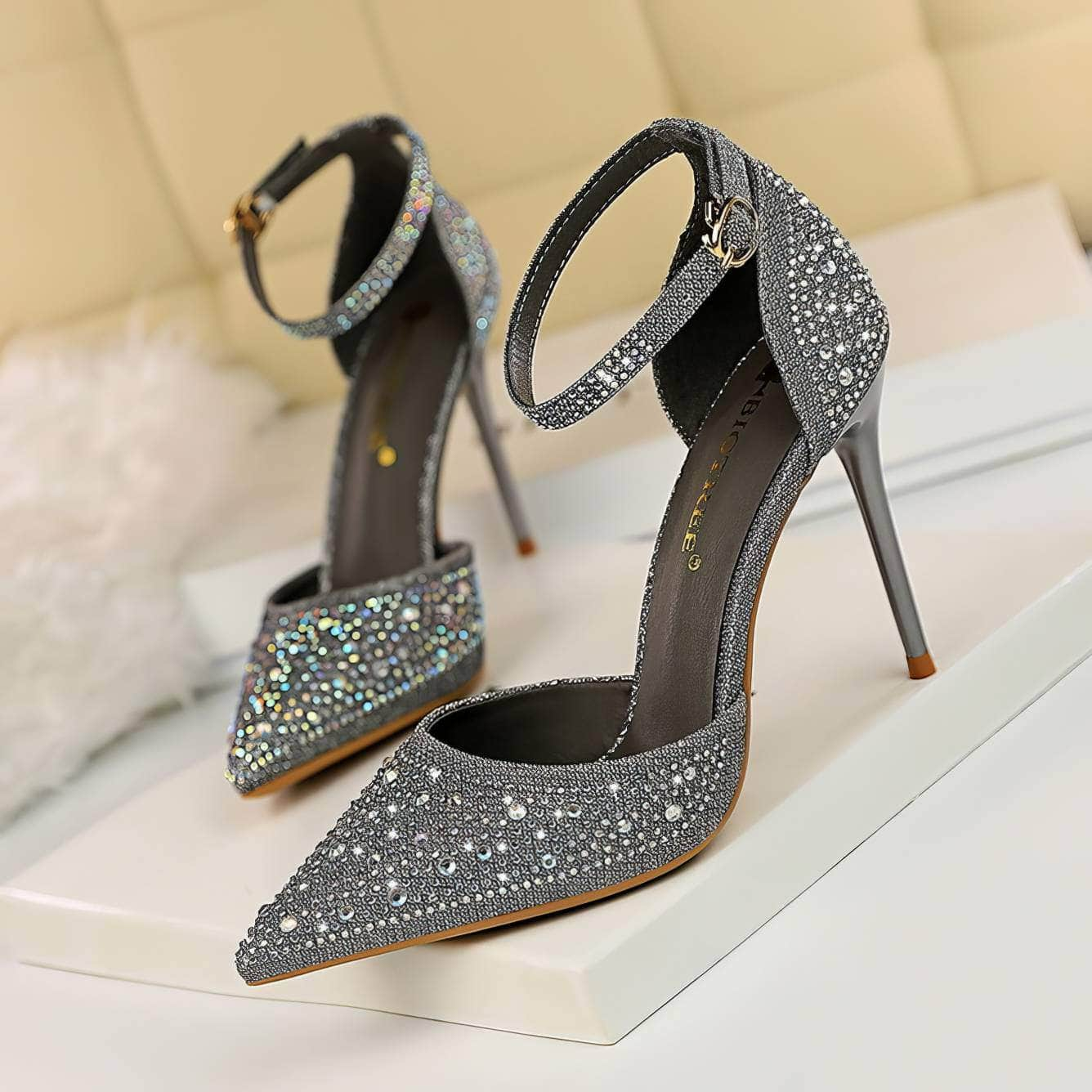 Pointed Toes Crystal Embellished Ankle Strap Stilettos