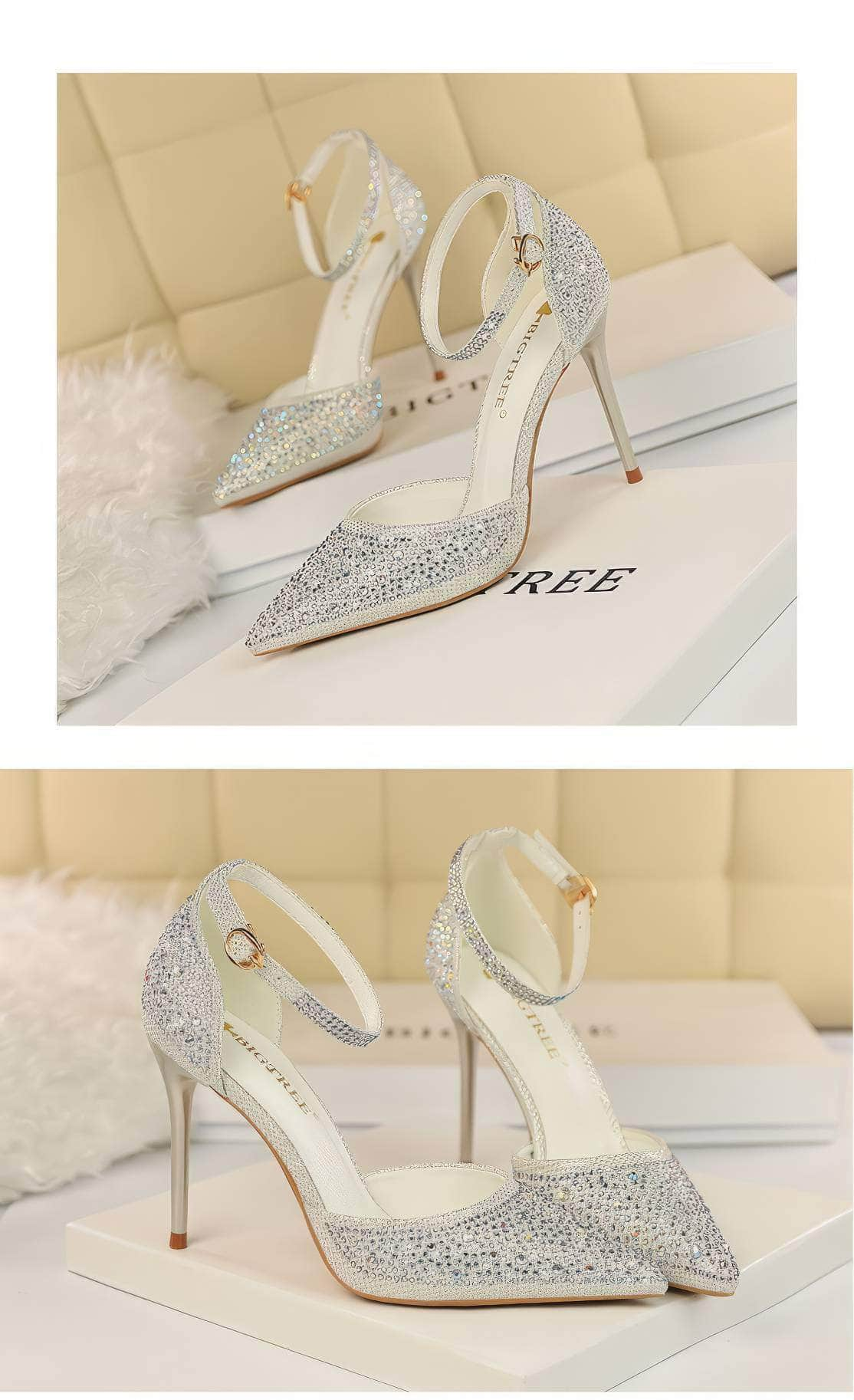 Pointed Toes Crystal Embellished Ankle Strap Stilettos