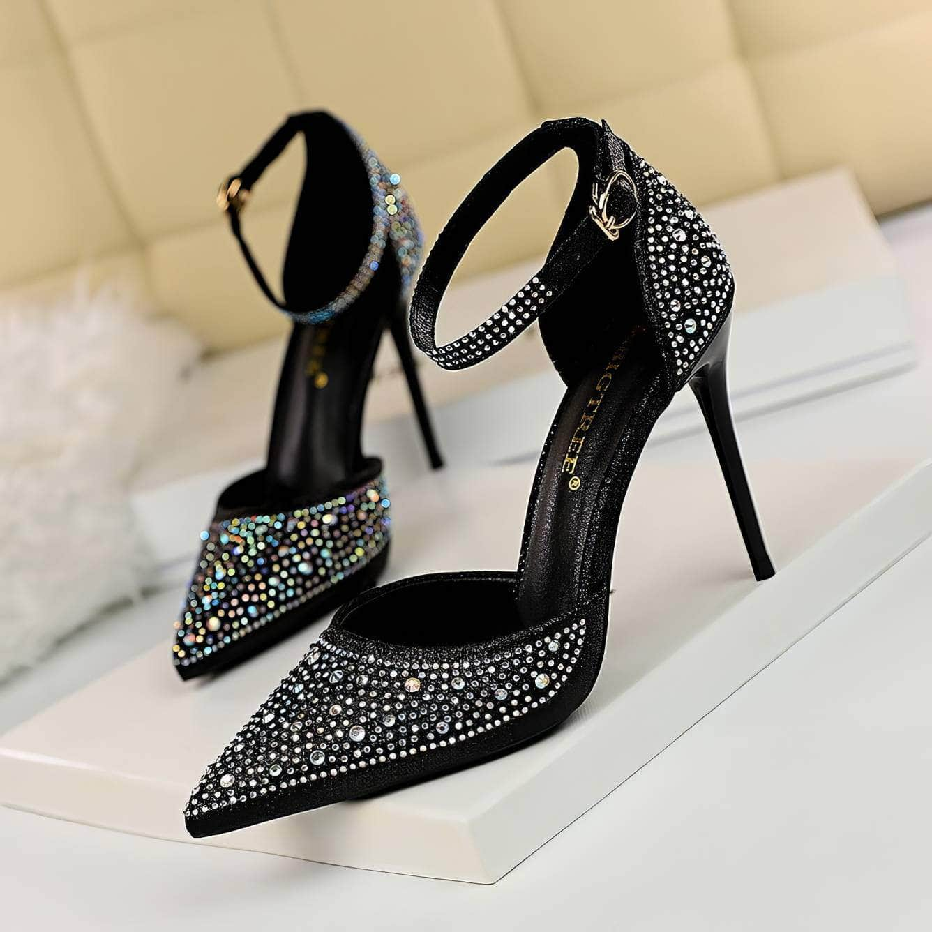 Pointed Toes Crystal Embellished Ankle Strap Stilettos EU 33 / Black / 10CM