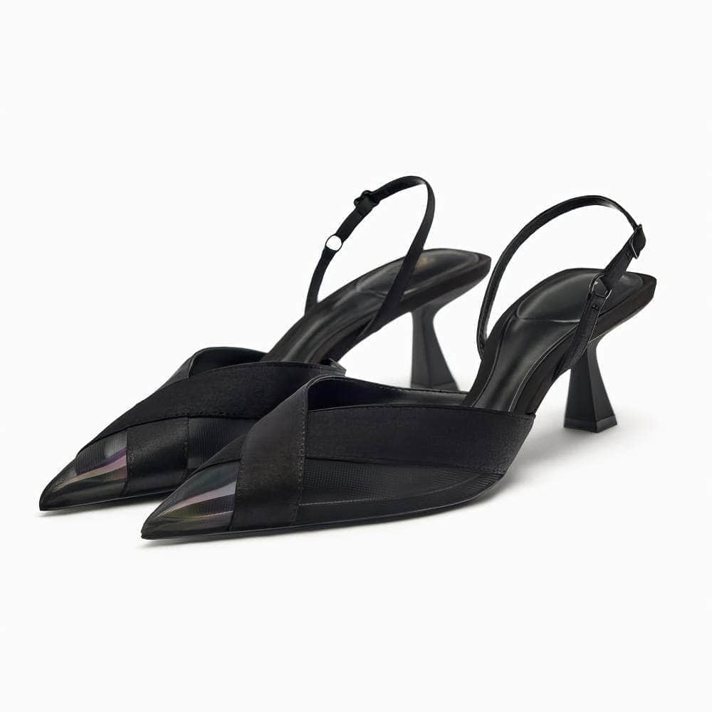 Pointy Toe Mesh Detailed Slingback Sandal Heels EU 33 / Black