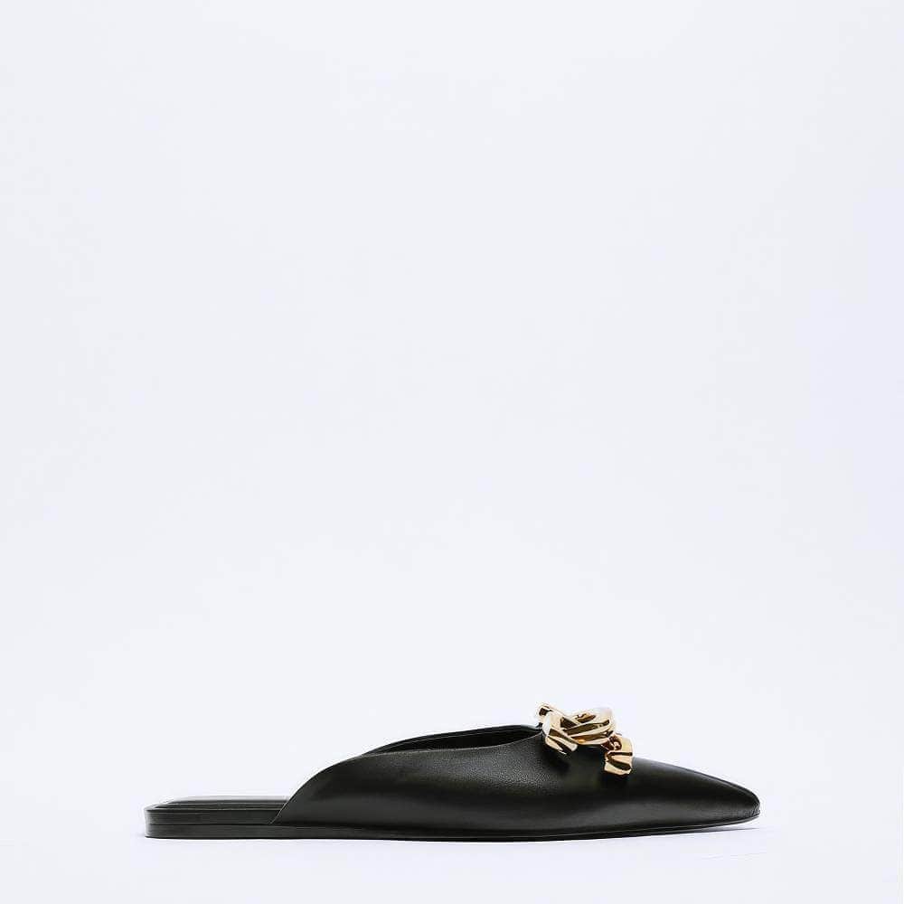 Pointy Toe Metal Decorated Slide-in Flat Mules