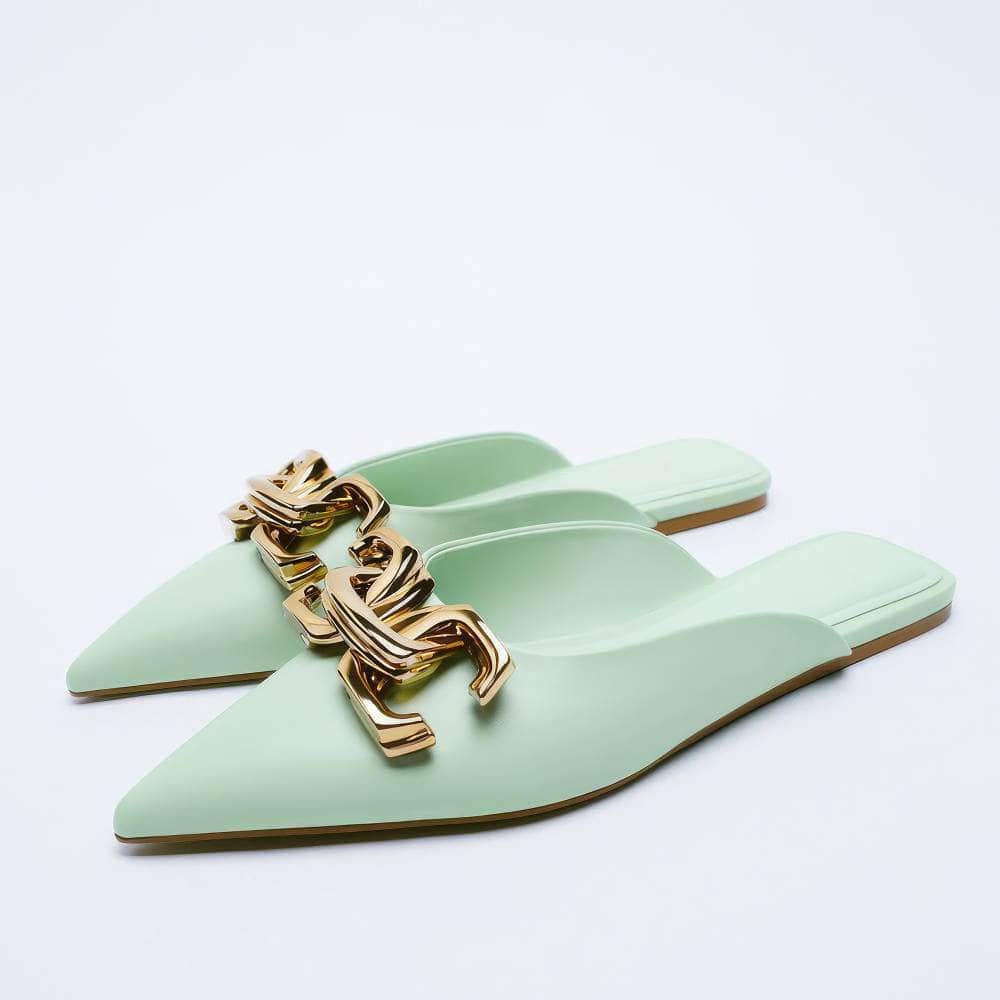 Pointy Toe Metal Decorated Slide-in Flat Mules