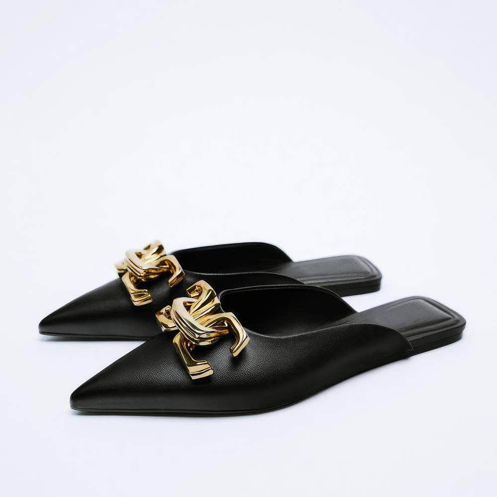 Pointy Toe Metal Decorated Slide-in Flat Mules