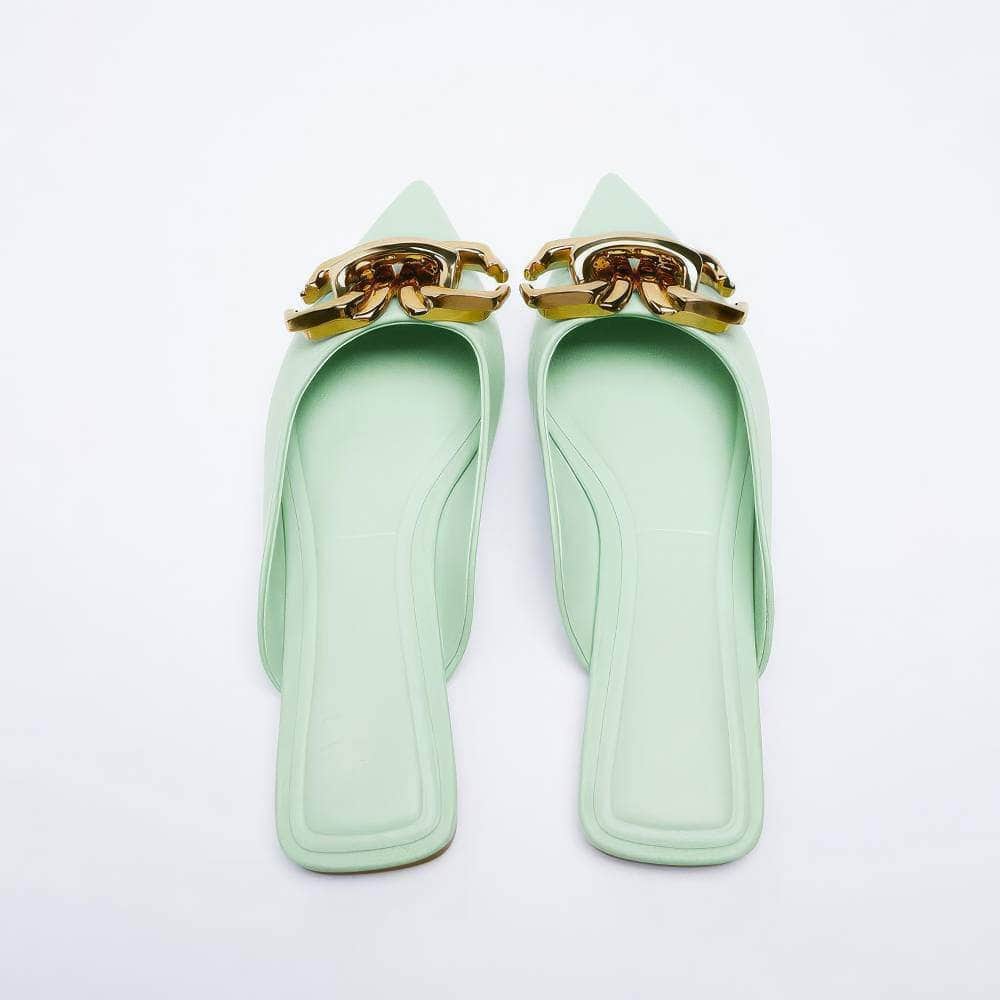 Pointy Toe Metal Decorated Slide-in Flat Mules EU 34 / Green