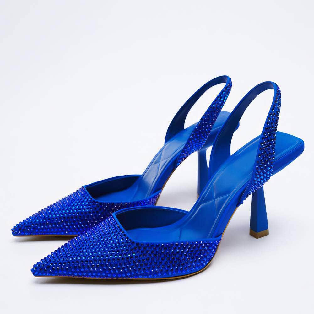 Pointy Toe Rhinestone Embellished Slingback Heels EU 34 / Blue / 9.2CM