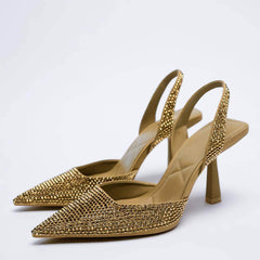 Pointy Toe Rhinestone Embellished Slingback Heels EU 34 / Gold / 9.2CM