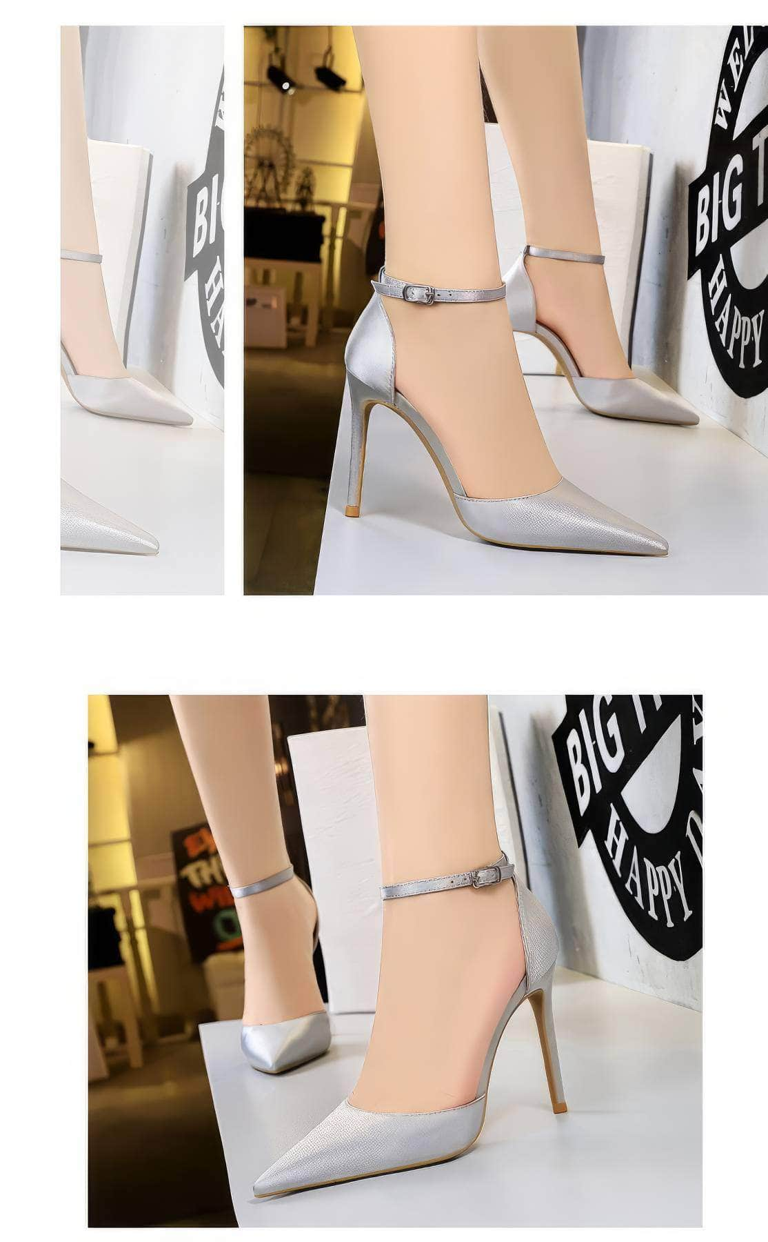 Pointy Toes Ankle Strap Satin Stilettos