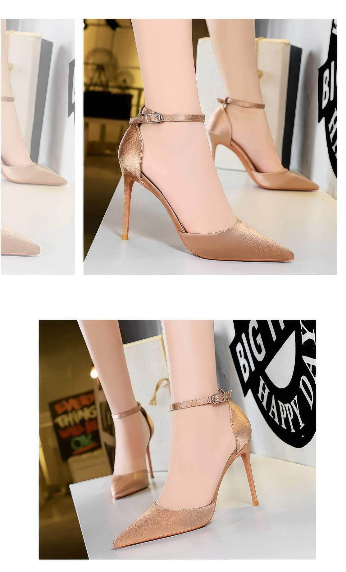 Pointy Toes Ankle Strap Satin Stilettos