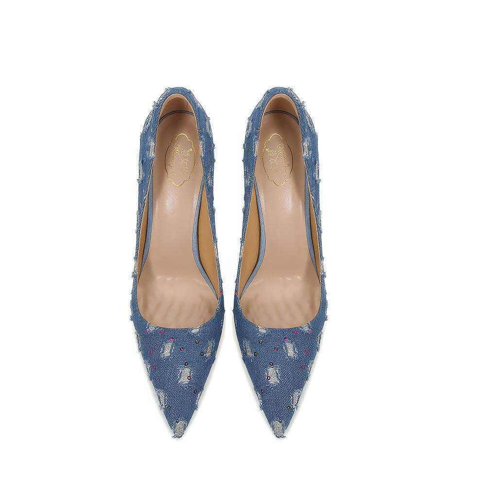 Pointy Toes Crystal Embellished Denim Sequin Stiletto Heels