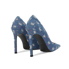 Pointy Toes Crystal Embellished Denim Sequin Stiletto Heels